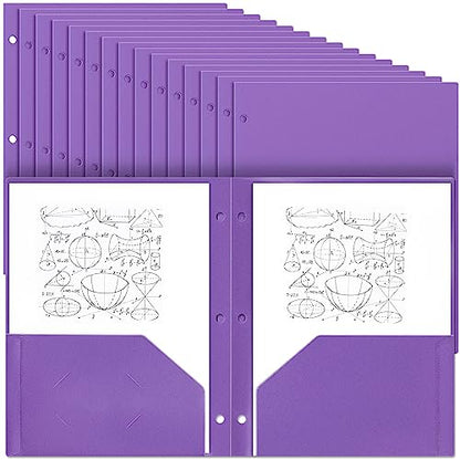 Yeaqee 50 Pcs Plastic Folders with Pockets Bulk 3 Hole Punched 2 Pocket File Folders for 3 Ring Binder Divider Folder for Notebooks, Durable Poly for Office Home (Purple) - color: Purple