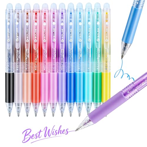 12 Colors Retractable Erasable Gel Pens, Retractable Fine Point Erasable Pens,Make Mistakes Disappear Colored Pens Clicker for Drawing, Colored Pens Grabbie Gel Pens for Writing, Planner & Note Taking - color: 12 Colors