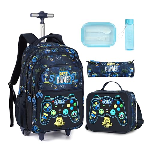 Kids Rolling Backpack for Boys, Cartoon Wheeled Backpack Set with Lunch Bag & Pencil Case Backpack with Wheels (Game) - color: Game