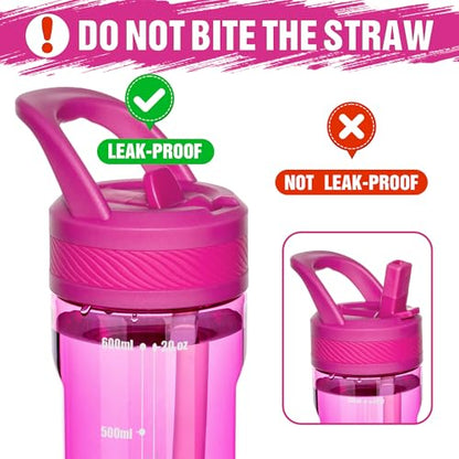 OLDLEY 20oz Kids Water Bottle with Straw, BPA-Free Tritan Water Bottle for School, Leakproof Clear Water Bottle with One Click Open, Measurement Scale, Cup Holder Friendly for Boys Girls,Fuchsia - color: Fuchsia