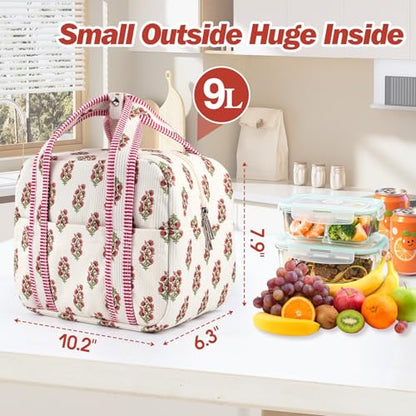 Aesthetic Corduroy Insulated Lunch Bag for Women, Floral Block Print Lunch Box with Pocket, Spacious Boho Reusable Cooler Tote for Work, School, Nurse Gift & Picnic, Leakproof (Pink White)