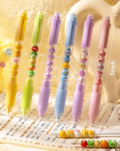 6 Pack Cute Cartoon Gel Pens, 0.5mm Fine Point Quick Dry Black Ink Smooth Writing Pens, Retractable Ballpoint for Journaling Planner(Funny Animals Fruits Snacks DIY Designs)