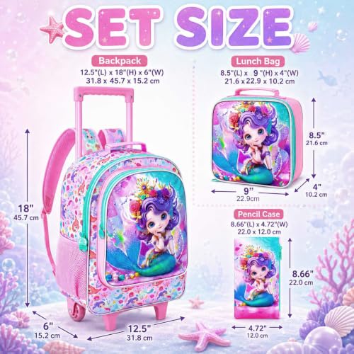 3Pcs Rolling Backpack for Girls, Kids Roller School Backpack with Wheels, Mermaid Wheeled Bookbag for Elementary Preschool Kindergarten(Pink) - color: Mermaid Pink