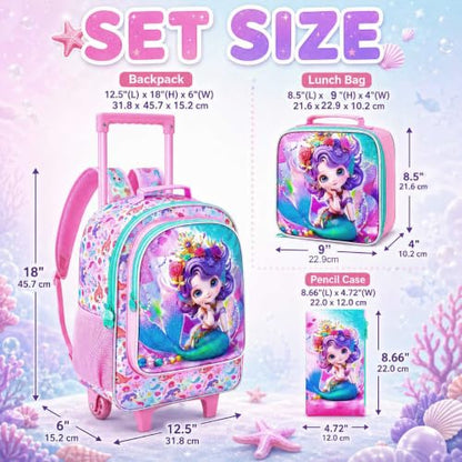 3Pcs Rolling Backpack for Girls, Kids Roller School Backpack with Wheels, Mermaid Wheeled Bookbag for Elementary Preschool Kindergarten(Pink) - color: Mermaid Pink