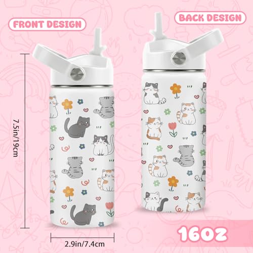 Cat Gifts for Kids, 16oz Cat Water Bottle with Straw Lid, Stainless Steel Insulated Tumbler for Girls, Cats Lovers Present for Kids Teen Girls Boys Women - color: Cat