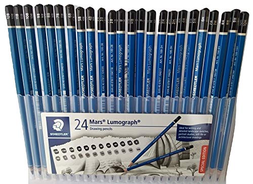 Wooden Pencil By Staedtler Mars Lumograph - Pack of 24 Degrees in Practical Plastic Storage Box With 6" and 8" Aluminum Ruler
