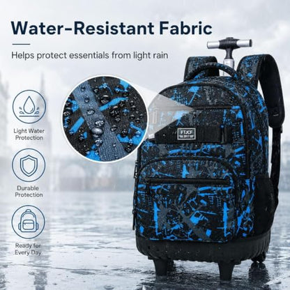 3Pcs Rolling Backpack for Boys Men, Travel Roller Backpacks with Wheels for Adults, Teens College Graffiti Wheeled Bookbag with Lunch Box(Blue) - color: Airbrush Blue