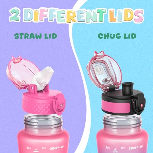 OLDLEY Kids Water Bottle for School, 12 oz (2 lids) BPA-Free Reusable Leak-proof Durable Tritan Plastic Water Bottles with Straw & Chug Lids, Anti-dust Spout Cover (Rose red) - color: Rose red, size: 12 Ounces