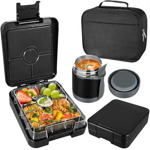 Pawtong Bento Lunch Box Set With 10oz Soup Thermo, Leak-proof Lunch Containers with 4 Compartment, Kids Hot Thermo Food Jar/Insulation Lunch Bag, Food Containers for School (Black) - color: Black