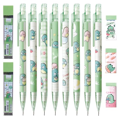 Cute Dinosaur Mechanical Pencil Set Includes 0.5mm and 0.7mm Pencils with Lead Refills and Erasers, Green Kawaii Mechanical Pencil for Women Girl Men Boy Office School Supplies (Dinosaur) - color: Dinosaur