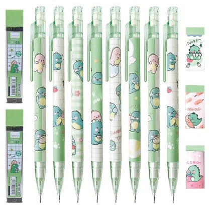 Cute Dinosaur Mechanical Pencil Set Includes 0.5mm and 0.7mm Pencils with Lead Refills and Erasers, Green Kawaii Mechanical Pencil for Women Girl Men Boy Office School Supplies (Dinosaur) - color: Dinosaur