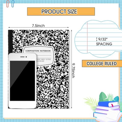 Fainne 60 Pack B5 Composition Notebooks Bulk 7.5 x 9.75'' College Ruled Composition Notebooks 50 Sheets (100 pages) Marble Covers Notebook for School Classroom Office Supplies(Black) - color: Black