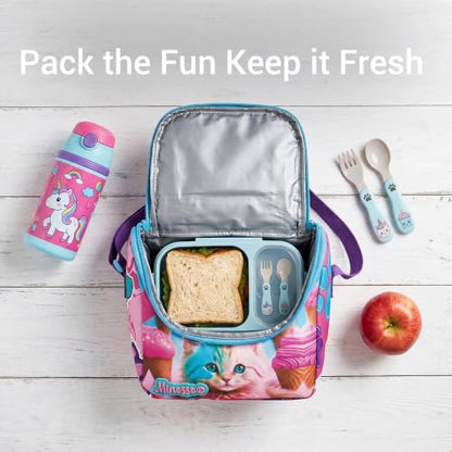 Insulated Lunch Bag for Kids Soft Bag Washable with Strap Reusable Toddler Lunch box School Supplies Food Carrier Snacks Picnic(Multi) - color: Cat
