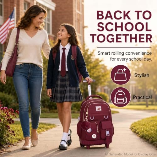 WZLVO Rolling Backpack for Girls Women, 21 inch Roller Wheels Backpacks for School, Water Resistant Wheeled Bookbag with Lunch Box - Red - color: Red