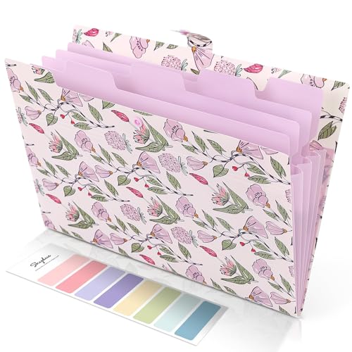 SKYDUE Accordion File Organizer, Floral Expanding File Folders with 5 Pockets, Cute Document Organizer for Paper Bills Receipt Storage, School Office & Hospital Supplies Letter/A4 Size Light Purple - color: Lightpurple