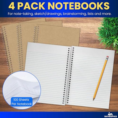 1InTheOffice Wirebound Spiral College Ruled Notebook 6 x 9, 3 Subject Notepad, Kraft Cover, 100 Sheets, (4/Pack)