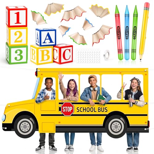 19 Pcs Back to School Decorations Set, School Bus Backdrop, Giant Inflatable Jumbo Crayons & Pencil Balloons, ABC 123 Letter Boxes for First Day of School Kindergarten Preschool Classroom Decor