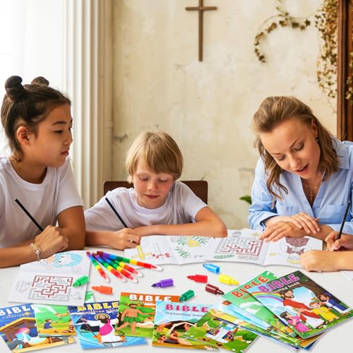 BenLouis 24 Christian Mini Coloring Books Kids with 24 Stacking Crayons Bible Verse Party Favors Activity Books Bulk for Kids Christmas Religious Goodie Bag Gift Stuffer Classroom Reward - style: Christian