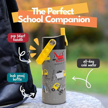 Elemental Insulated Kids Water Bottle, Stainless Steel Water Bottle with Straw Lid & Pop-It Handle, Leak-Proof Water Bottles for School, Boys or Girls, Travelling and Sports, 18oz - Construction - color: Construction