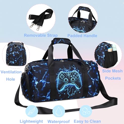 Gamer Sports Duffle Bag Boys Girls Overnighter Sleepover Gym Bag Weekender Carry On Shoulder Bags with Shoe Compartment & Wet Pocket,Game Print - color: Blue Gamer