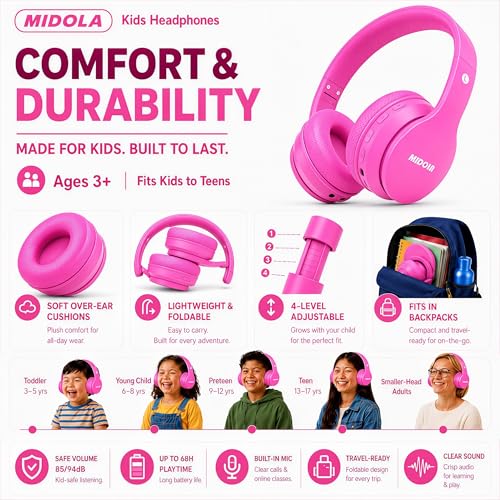 MIDOLA Kids Bluetooth Headphones 68H Play Time,Volume Limit 85/94dB, Foldable Lightweight Wireless Over-Ear Headphone for Kid Toddler Child Pad Tablet,Headsets with Built-in Mic Hot-Pink - color: Rose Pink