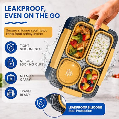 Large 10 x 7.5" Stainless Steel Bento Lunch Box with 4 Compartments Leakproof Lid BPA-Free 304 Stainless Steel Food Container - Keeps Food Separate for Adults and Kids School Office and Travel, Yellow - color: Yellow