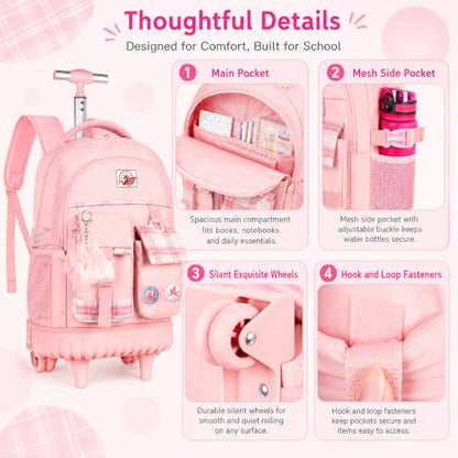 AGSDON Rolling Backpack for Girls, 21" Women Roller Wheels Bookbag, Laptop Wheeled Suitcase School Backpacks with Lunch Bag for Teens - color: Square Pink