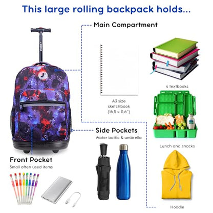 J World Sunrise Kids Rolling Backpack with Wheels for Girls Boys, Roller Bookbag for School, 18 x 13 x 9 Inches, Galax - color: Galaxy