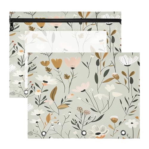 Pencil Pouch for 3 Ring Binder Sage Florals 2 Pack Large Pencil Case Pouch with Zipper & Grommets, Clear Binder Bag, School Office Supplies