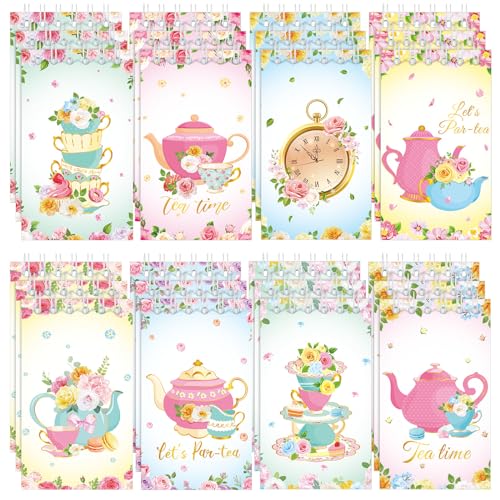 Faccito 24 Pcs Mini Tea Notebook Floral Tea Mini Notepad Party Favors Teapot Party Small Spiral Pocket Notebooks Floral Teapot Time Notepad Memo Spiral Notebooks for Birthday Classroom Reward Supplies