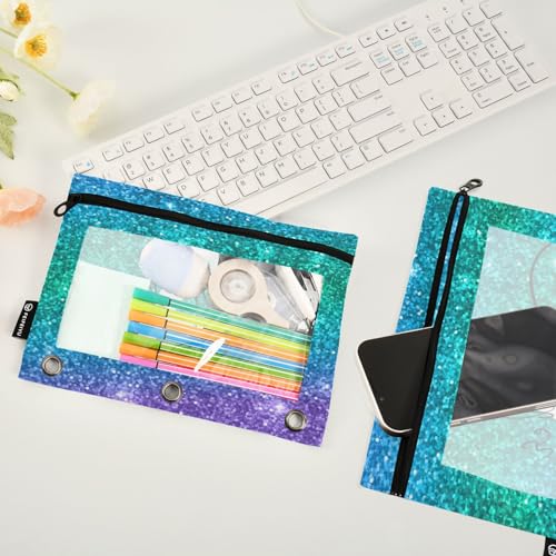 Personalized Pencil Pouch for 3 Ring Binder Glitter Blue Green Violet Custom Pencil Pouches Case Binder Cosmetic Bag 2 Pack for Office School College Supplies - color: Glitter Blue Green Violet