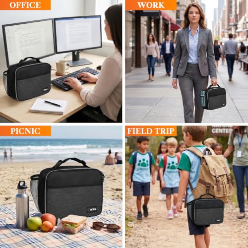 opux Insulated Lunch Bag for Kids, Reusable Lunch Box for School with Leakproof Lining, Compact Soft Cooler Tote for Boys & Girls, Front Pocket, Mesh Side Bottle Holder (Heather Charcoal) - color: Heather Charcoal