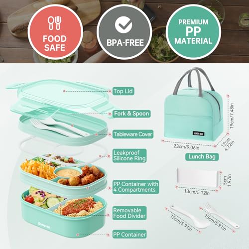 2 Layers Bento Box, All-in-One Stackable Lunch Container with Compartments, 64oz Leakproof Microwave Safe Dishwasher Safe Bento Box with Lunch Bag and Utensil Set for Kids and Adults - color: A-Green