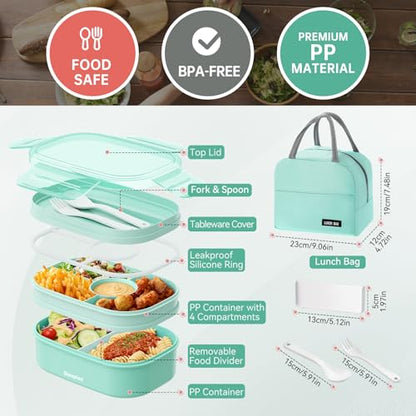 2 Layers Bento Box, All-in-One Stackable Lunch Container with Compartments, 64oz Leakproof Microwave Safe Dishwasher Safe Bento Box with Lunch Bag and Utensil Set for Kids and Adults - color: A-Green
