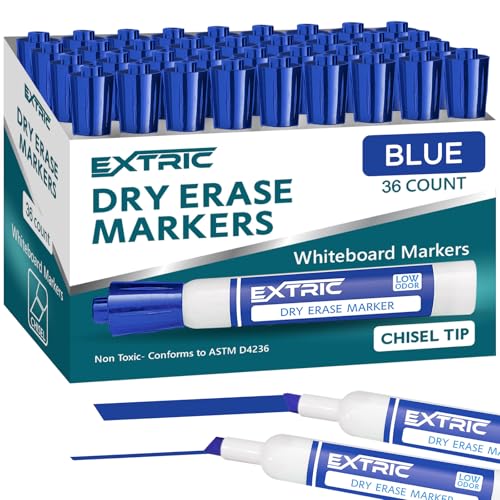 EXTRIC Blue Dry Erase Markers 36 PK Whiteboard Marker Bulk Chisel Tip | Use: Whiteboards and Glass Boards, Color: Vivid Blue Ink, Tip Style: Chisel Tip, Feature: Low-Odor, Non-Toxic - color: Blue, size: 1 Count (Pack of 36)