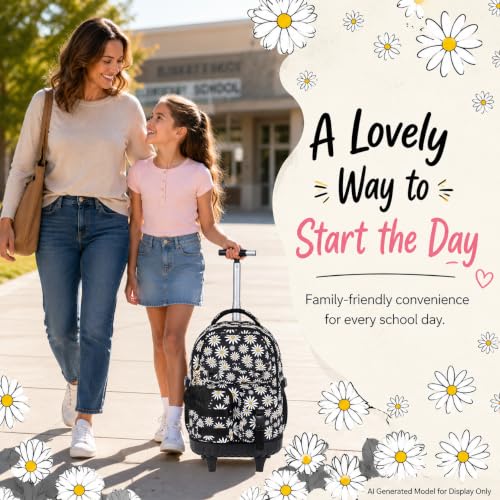 CCJPX Rolling Backpack for Girls, 3Pcs Roller Wheeled School Bookbag, Daisy Wheels Backpacks with Lunch Box for Kids (Black) - color: Daisy Black