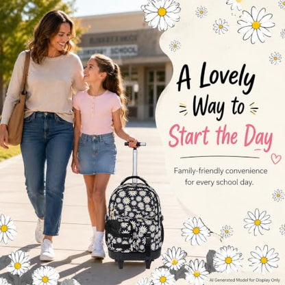 CCJPX Rolling Backpack for Girls, 3Pcs Roller Wheeled School Bookbag, Daisy Wheels Backpacks with Lunch Box for Kids (Black) - color: Daisy Black