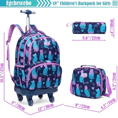 Kids Rolling Backpack for Girls Cats Suitcases Trolley Roller Luggage Backpacks with 360° Rotating Wheels Laptop Lunch Box Pencil Case for Elementary 18" Travel School Bag Gradient Colors - color: Blue-jianbianmao-1220