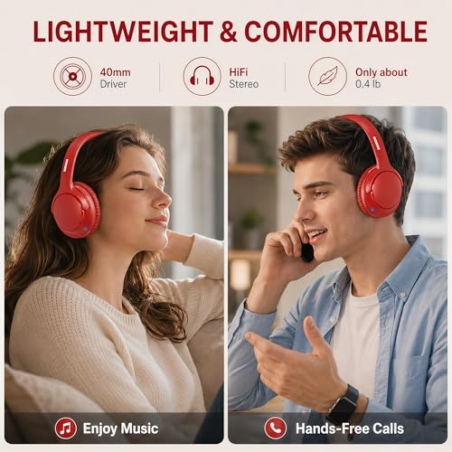 MIDOLA Bluetooth Headphones Over Ear, 68H Playtime Wireless Headphones with Microphone, 6 EQ Modes, HiFi Stereo Deep Bass, Foldable Lightweight Headset for Home Office, Cellphone, PC, Red - color: Red