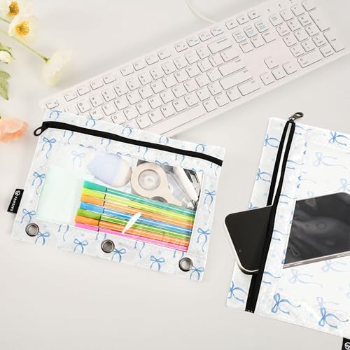 Wamika Blue Ribbon Bowknot Binder Pouches 3 Ring for Boys Girls School Office College Supplies Bow Tie Doodle Pattern White Pencil Pouches Case Bag with Clear Window and Zipper 2 pack