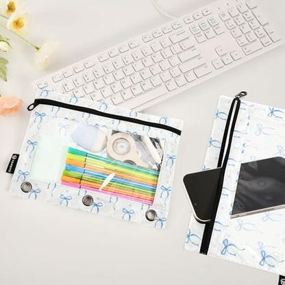 Wamika Blue Ribbon Bowknot Binder Pouches 3 Ring for Boys Girls School Office College Supplies Bow Tie Doodle Pattern White Pencil Pouches Case Bag with Clear Window and Zipper 2 pack
