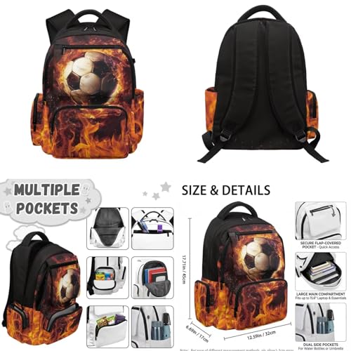 Soccer Backpack for Boys Girls Backpack with Lunch Box Water Bottle Pouch and Cute Pencil Case 4PCS Set Bookbag with Front Pocket for School 17 in Large Elementary Middle High School Bag - color: Flaming Soccer