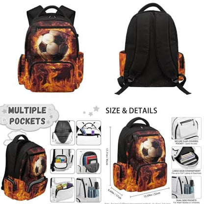 Soccer Backpack for Boys Girls Backpack with Lunch Box Water Bottle Pouch and Cute Pencil Case 4PCS Set Bookbag with Front Pocket for School 17 in Large Elementary Middle High School Bag - color: Flaming Soccer