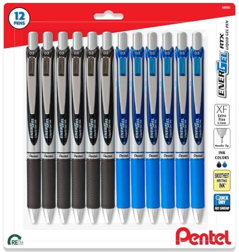 Pentel Energel 0.3mm Extra Fine Point Rtx Retractable Needle Tip Pen - 6 Black & 6 Blue - pack of 12