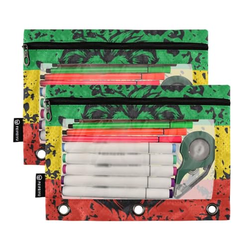 2 Pack 3 Ring Binder Pencil Pouch Jamaica Lion Flag Pencil Case Pencil Bags with Zipper, Clear PVC Binder Pockets for Office Daily Supplies - color: Color 11