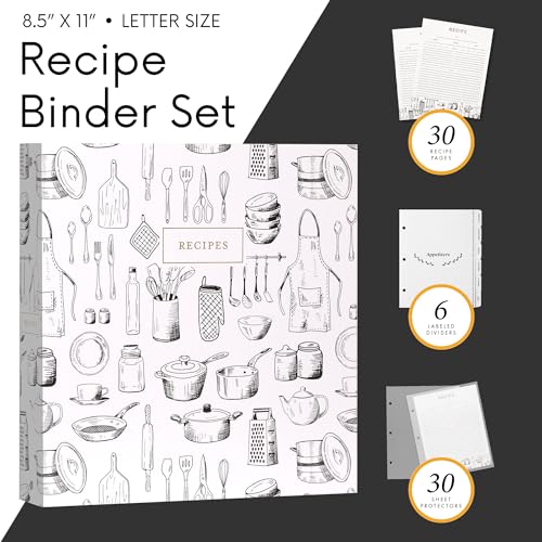 Jot & Mark 8.5"" x 11"" 3 Ring Recipe Binder with Spill-Proof Clear Binder | 50 Recipe Cards + 25 Sleeve Protectors + 5 Full-Page Sleeves + 6 Tabs | 8.5x11 | Culinary Crockery - color: Culinary Crockery, size: 8.5" x 11"