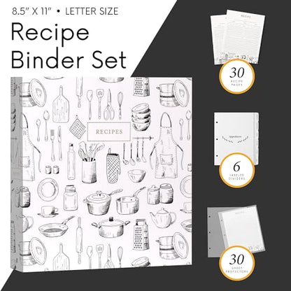 Jot & Mark 8.5"" x 11"" 3 Ring Recipe Binder with Spill-Proof Clear Binder | 50 Recipe Cards + 25 Sleeve Protectors + 5 Full-Page Sleeves + 6 Tabs | 8.5x11 | Culinary Crockery - color: Culinary Crockery, size: 8.5" x 11"