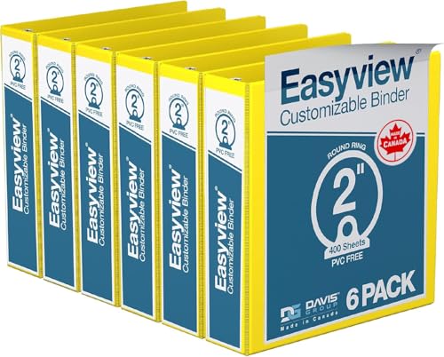 Easyview Premium 3-Ring Binders with Clear-View Covers and Round Rings, Binders for School or Office, 2 Inch, Pack of 6, Yellow - color: Yellow, size: 2 Inch, style: Pack of 6