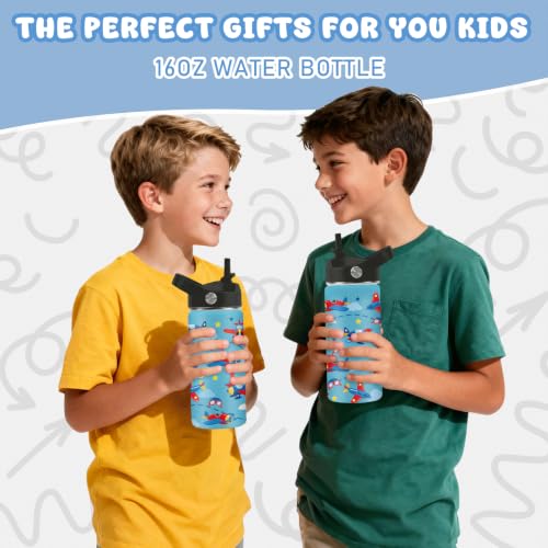 Hiboss Airplane Gifts for Boys, 16oz Kids Blue Water Bottle with Straw Lid, Stainless Steel Insulated Pilot Cup Tumbler, Aviation Lovers Birthday Gifts for School Sport Travel - color: Airplane