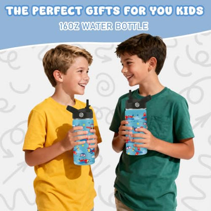 Hiboss Airplane Gifts for Boys, 16oz Kids Blue Water Bottle with Straw Lid, Stainless Steel Insulated Pilot Cup Tumbler, Aviation Lovers Birthday Gifts for School Sport Travel - color: Airplane